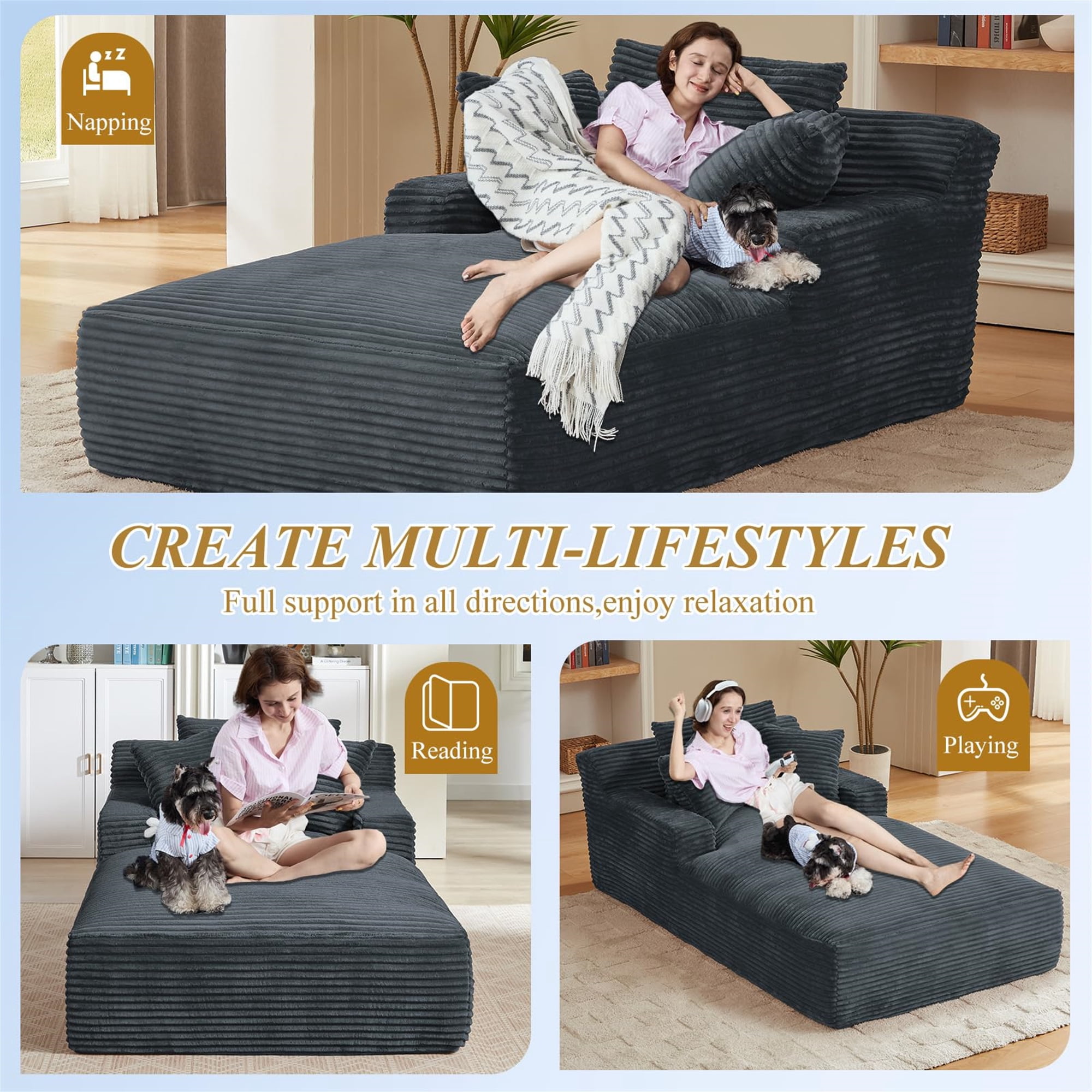 Aukfa Chaise Lounge Oversized Indoor Chair Boneless Couch for Living Room, 3Pillows, Gray