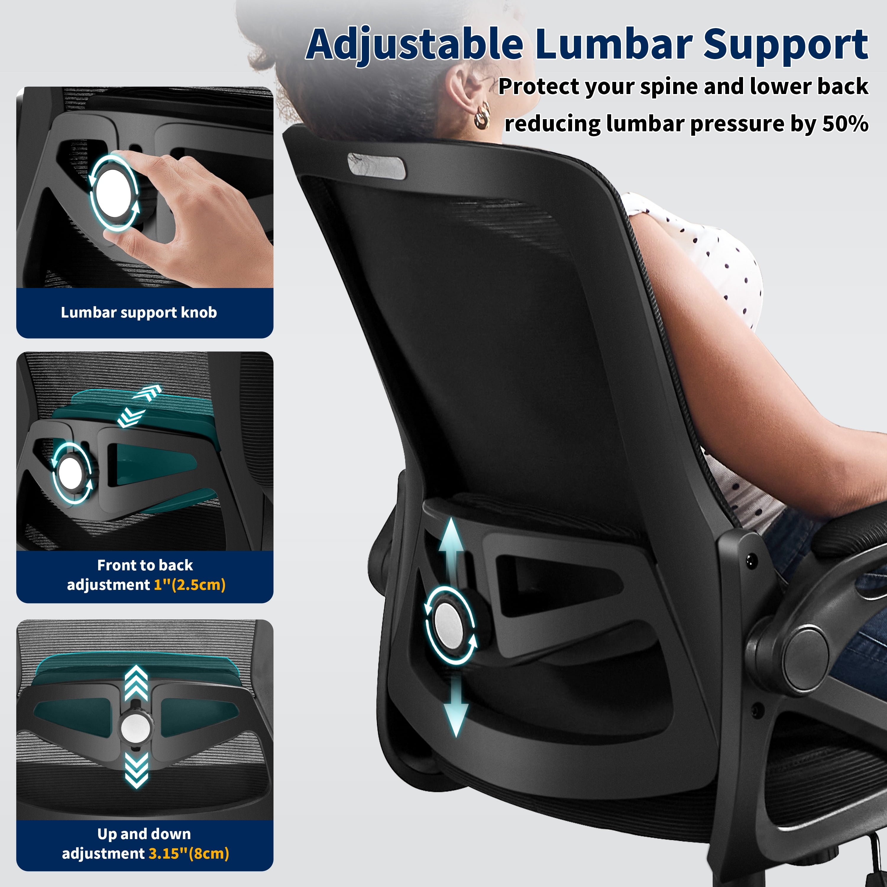 Nexthro Ergonomic Office Chair, Desk Chair with Adjustable Lumbar Support, Breathable Mesh Comfy Computer Chairs with Flip-up Armrests Executive Task Chair for Adults Home Office(Black)