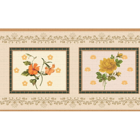 Dundee Deco's Peel and Stick Wallpaper Border - Floral Orange Yellow Pink Floral Damask Wall Border Retro Design, 15 ft x 7 in, Self Adhesive