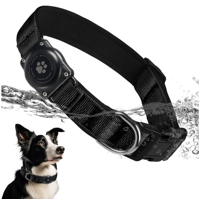 Collar para perros Furrigo mejorado con soporte para AirTag, impermeable, negro