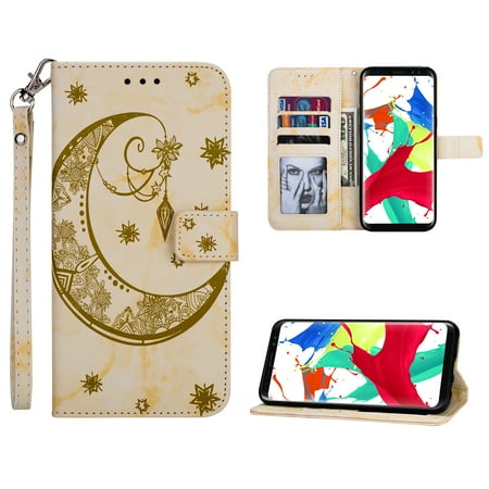 - Galaxy S8 Wallet Case, Allytech PU Leather Marble Moon Embossed Folio Handle Wrist Shockproof Girls Women Cards Holder Money Pocket Book Cover Design for Samsung Galaxy S8 2017 Released, Yellow