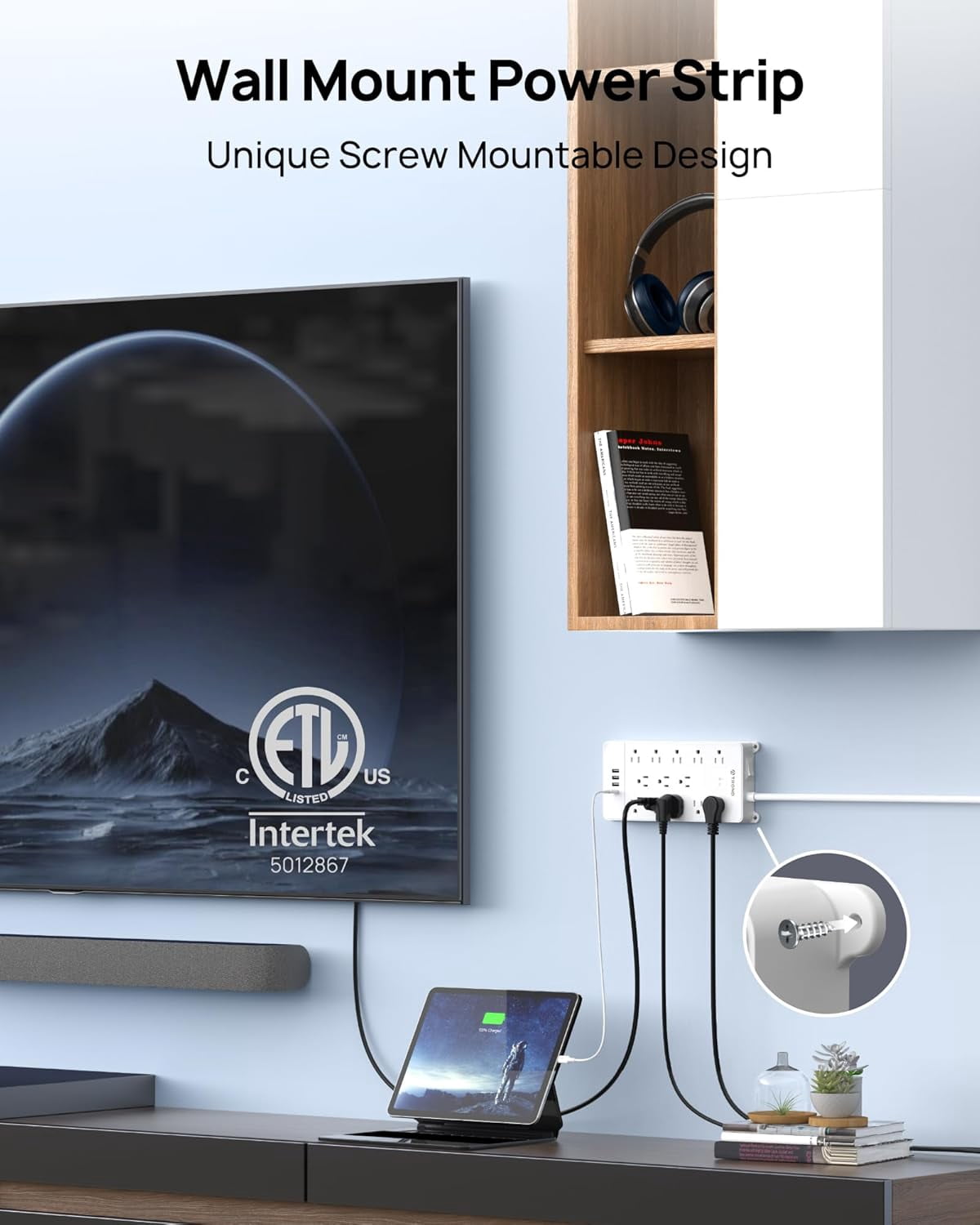 TROND ETL Listed Power Strip Surge Protector, 4000J, 1875W, 13 Wide Spaced Outlets with 4 USB Ports(1 USB C), Wall Mount/Screw On, 5ft Extension Cord, Under Desk/Cabinet/Counter, White