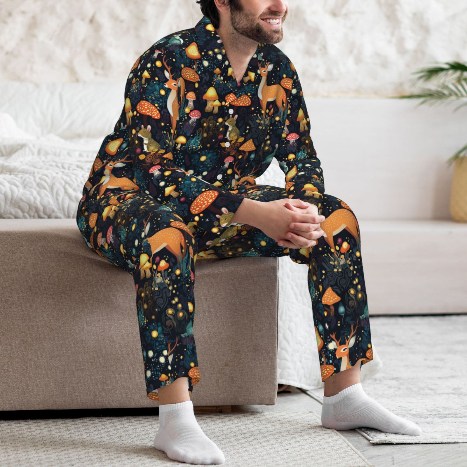 Picia Forest Elf Pattern Men’s Long-Sleeve Sleepwear Set - Soft 2-Piece Loungewear with Pockets, Comfy PJs for Relaxing Nights-Large