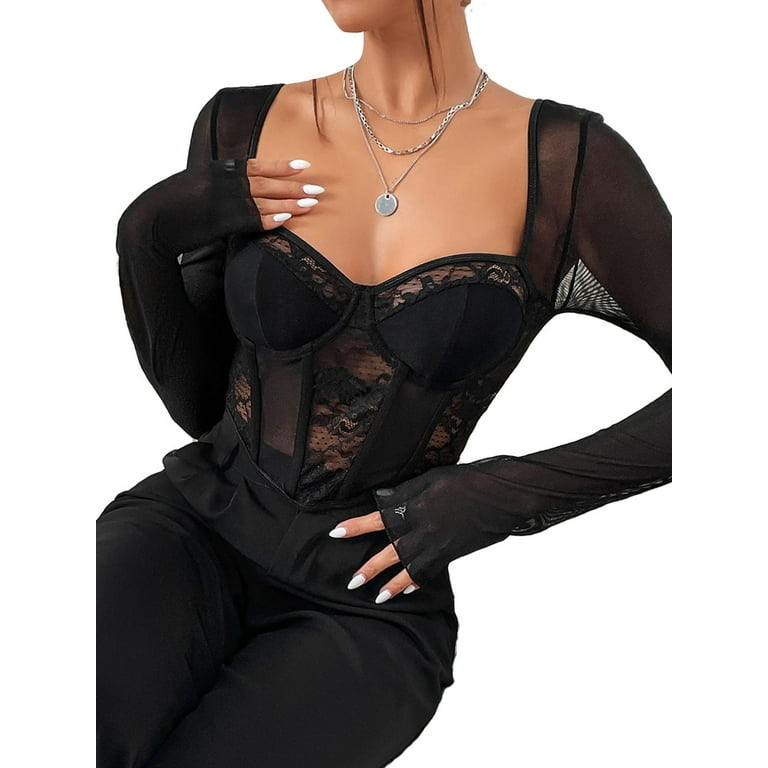 Blotona Women’s Corset Crop Top Lace T Shirt Sexy See Through V Neck Long  Sleeve Asymmetrical Hem Mesh Clothes Party Clubwear