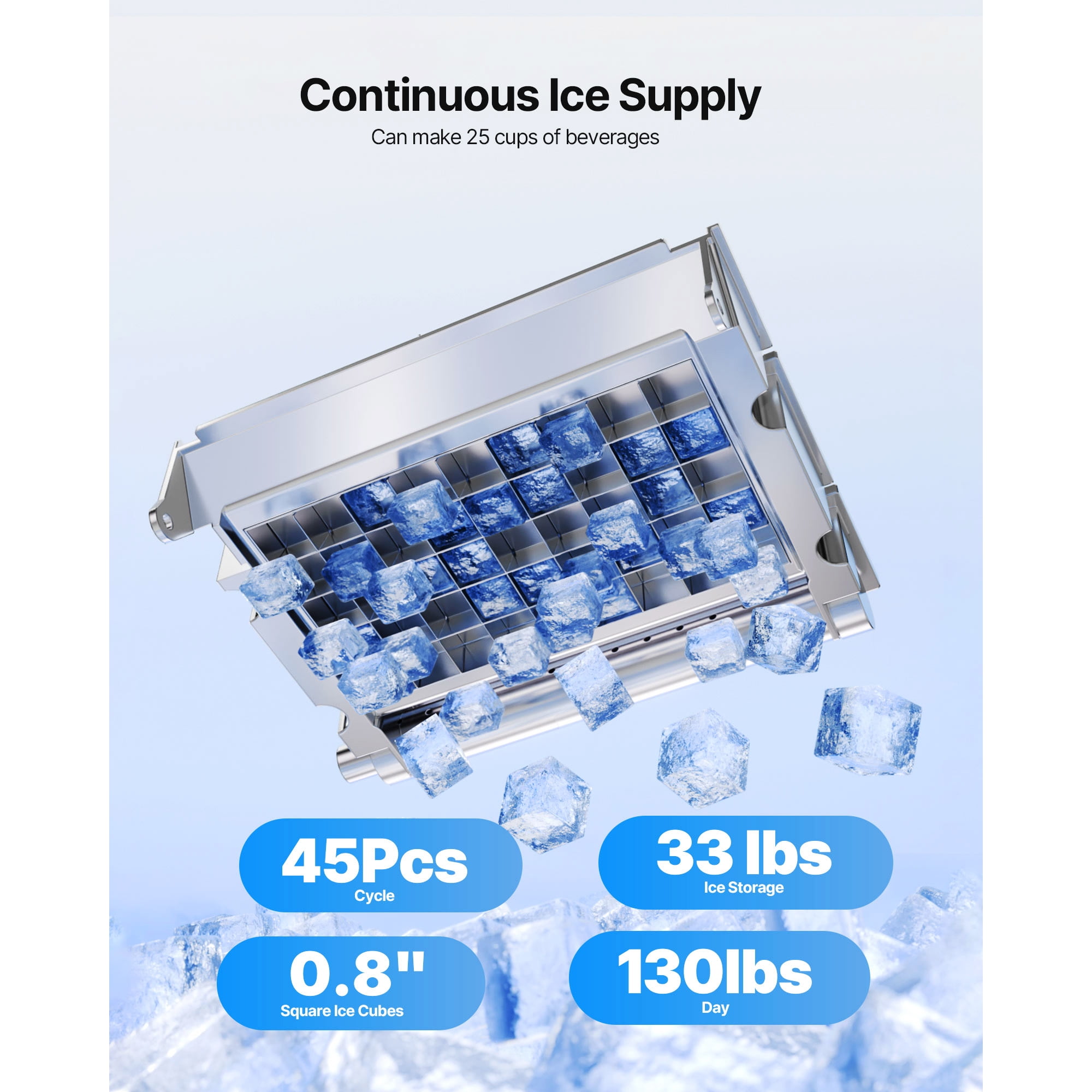 KFFKFF Commercial Ice Maker Machine, 130Lbs/24H with 33Lbs Storage, 45 Ice Cubes per Cycle, Stainless Steel Freestanding & Under Counter Ice Maker with LED Display & Self-Cleaning for Home, Bar