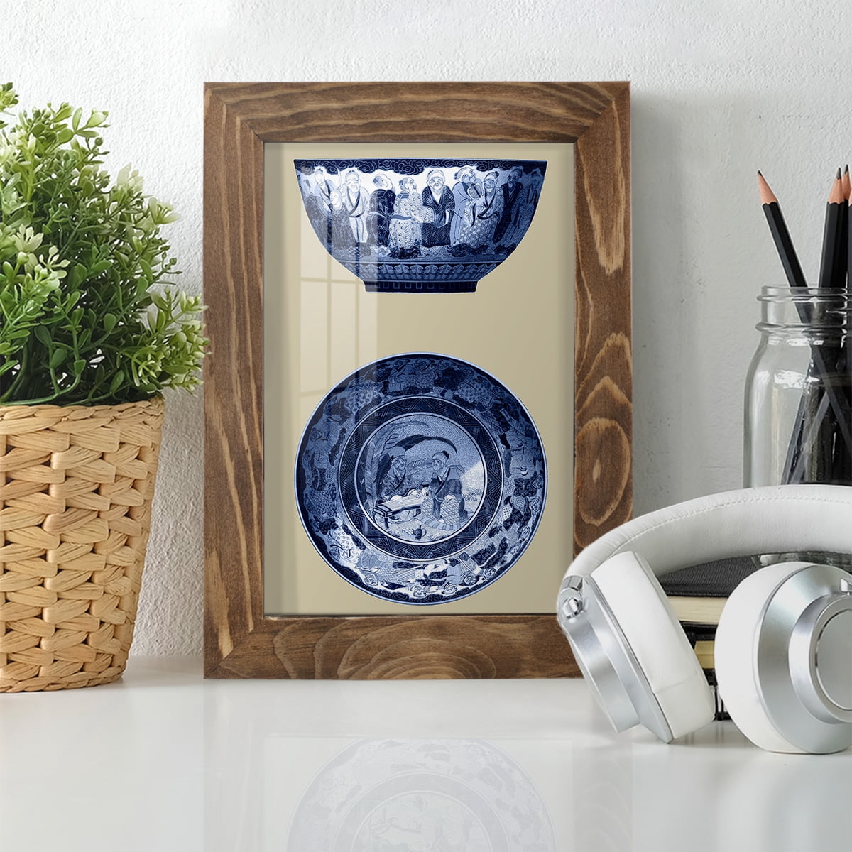 Porcelain in Blue and White II -Framed Print w/glass-Walnut