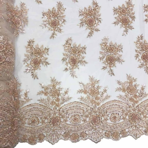 Vibernum Bridal Lace Sequins Beaded Scallop Fabric for Dresses 52’’ BTY (Blush)