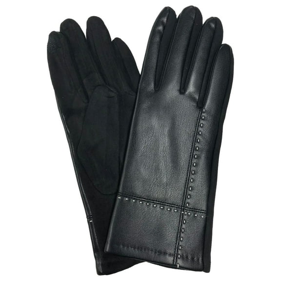 Womens Stitch Black Vegan Leather Stretch Fit Texting & Tech Touchscreen Gloves
