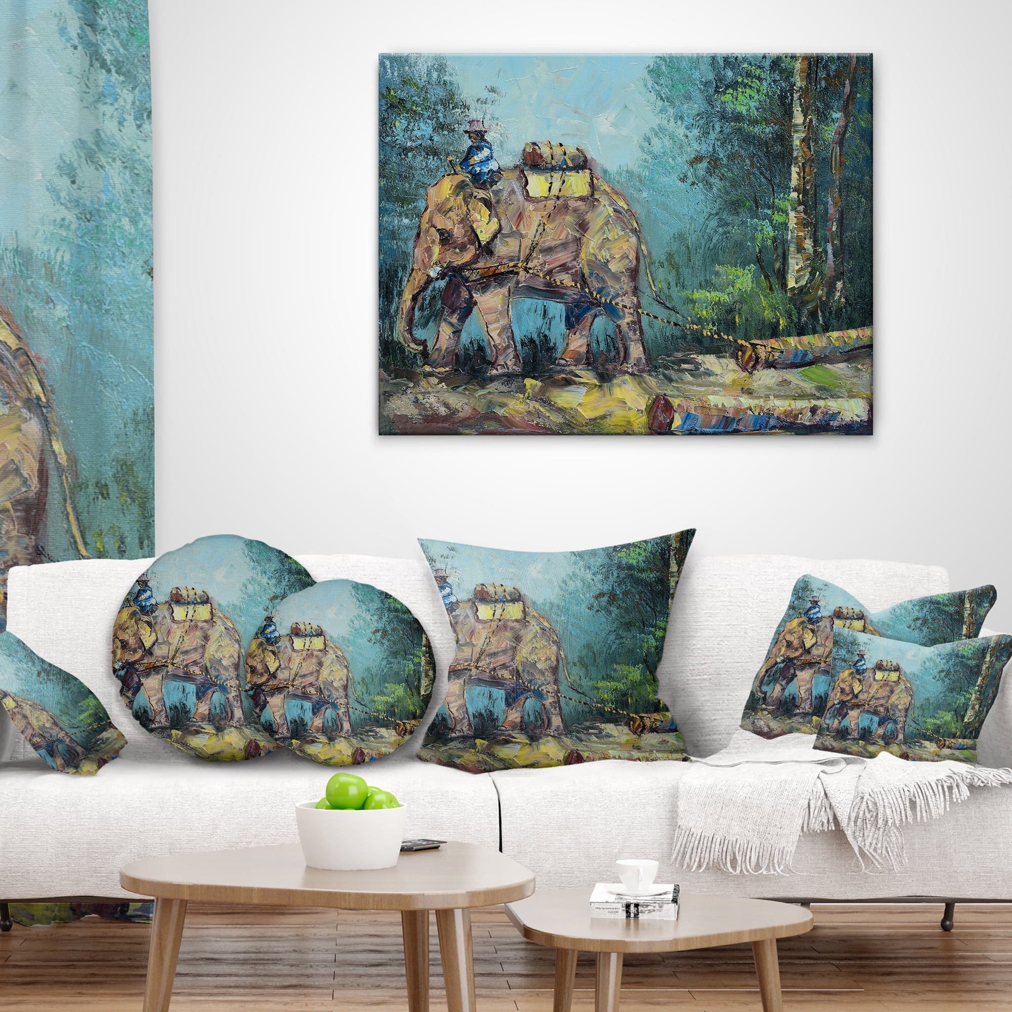 Designart Elephant Dragging Logs - Animal Throw Pillow - 18x18