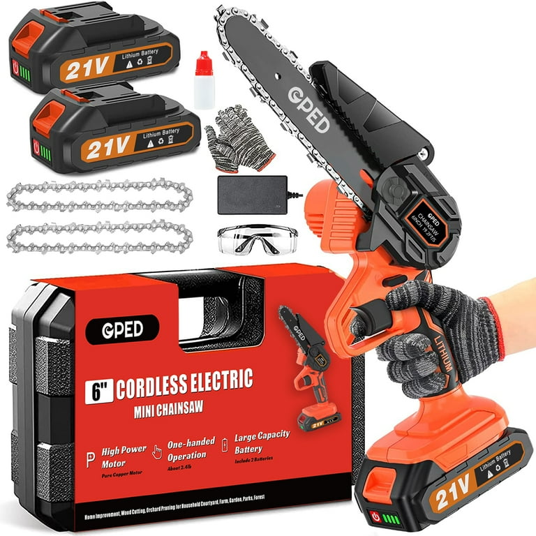 Mini Chainsaw Cordless 6 inch with 2 Battery, Mini Power Chain Saw with Security Lock, Electric Chainsaw, Handheld Small Chainsaw for Tree Trimming Wood Cutting (2 Mini Chainsaw + 2 Guide Plate)