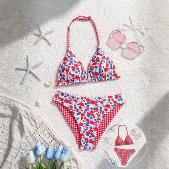 Girls Swim Suits 8-9 Girl's Tankini Swimsuits Halter Flower Metal Textured Bathing Suits 2 Piece Swimwear
