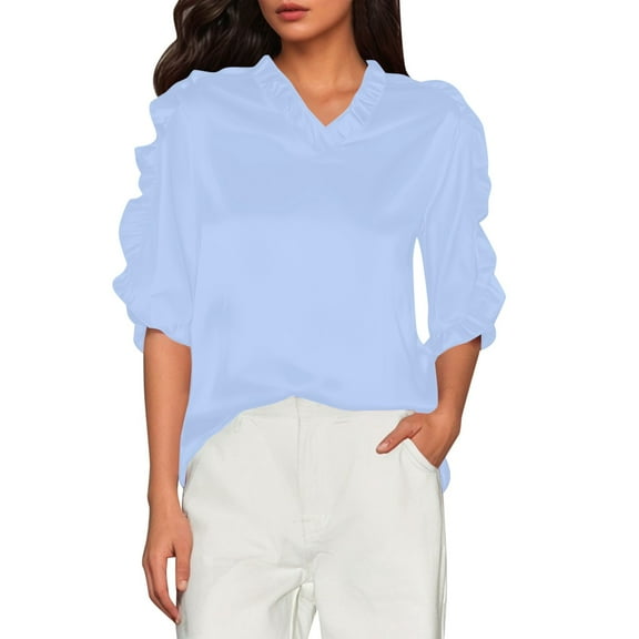 Ediodpoh Name Women's Summer Solid Color Short Sleeve Ruffle Collar V Neck Blouse Women's Tops Blue L