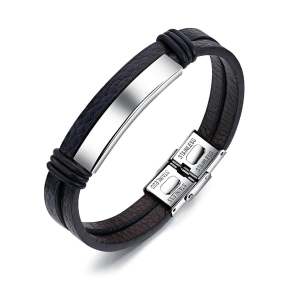 NICKSUN Stacked Stainless Steel Mens Bracelet, Handcrafted Double Layer Row Strand Black Braided Leather Cuff Bangle Punk Wristband Jewelry for Men