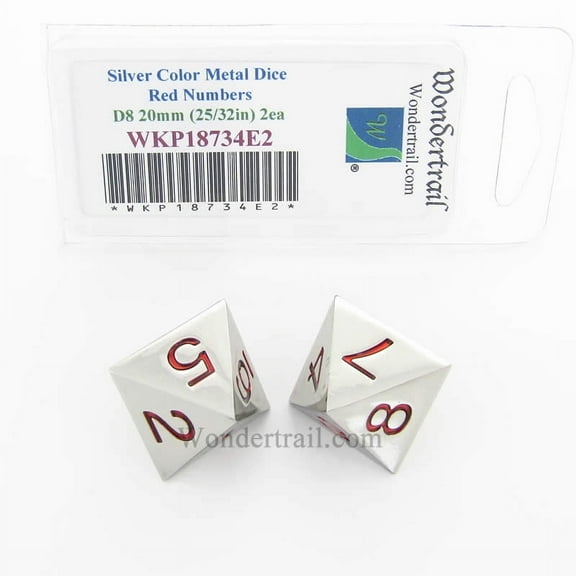 Metal Dice D8 Silver With Red Pips 20mm (25/32in) Pack of 2 Wondertrail
