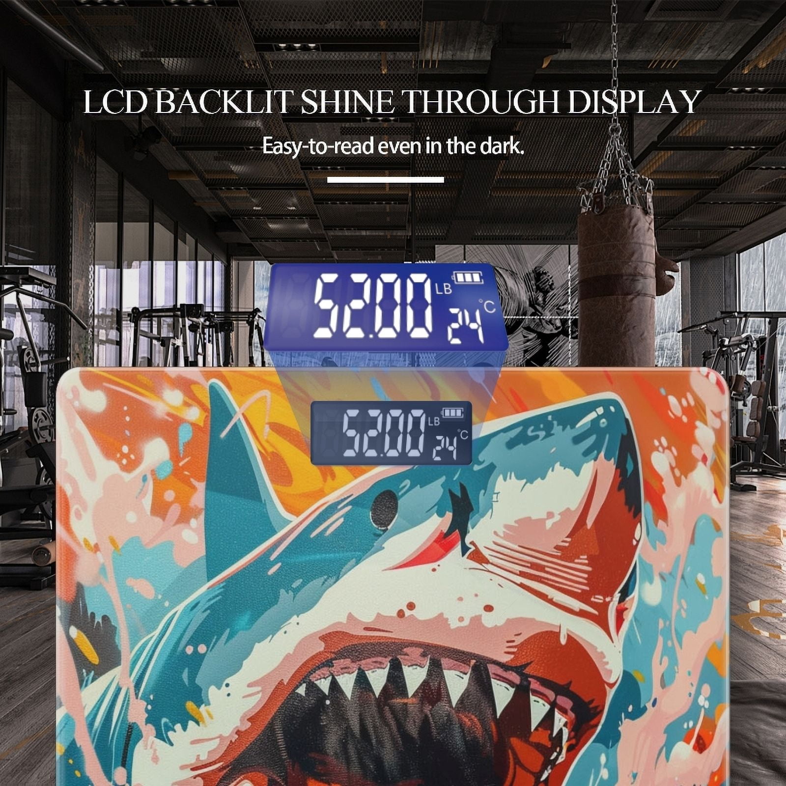 High Precision Body Weight Scale Smart Bathroom Scales with Large LCD Display(400lbs),Decorative for Bedroom-Colorful Painting Of Aggressive Shark With Mouth Open
