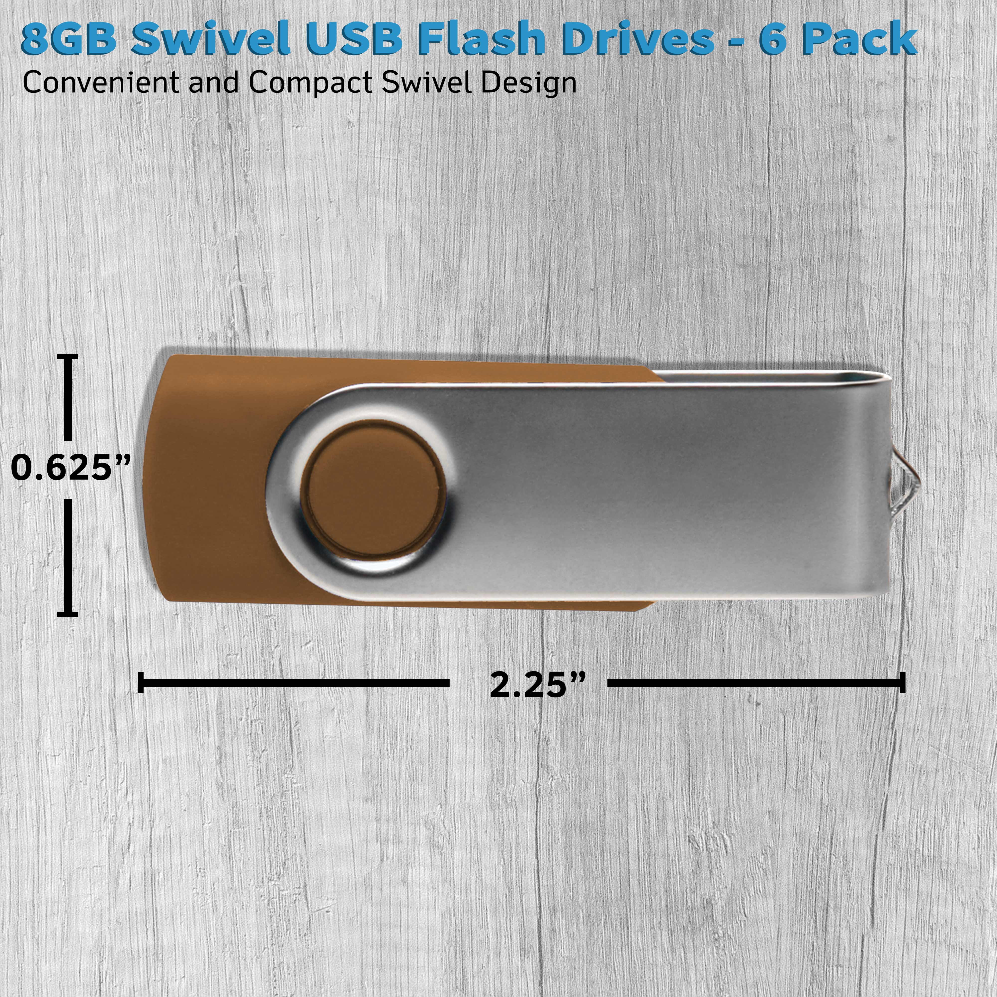 6 Swivel USB Flash Drives Pack, 8GB - Pocket size, Long Data Retention - Brown