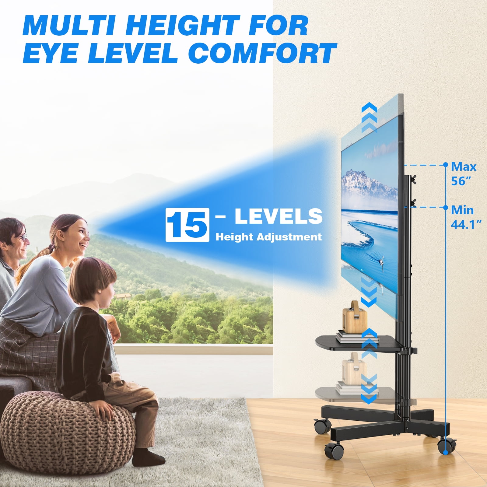 RTVR Rolling Mobile TV Cart Stand on Wheels for 32 to 75 inch Flat Curved Screens, Portable Movable TV Stand with Shelf, Modern Black
