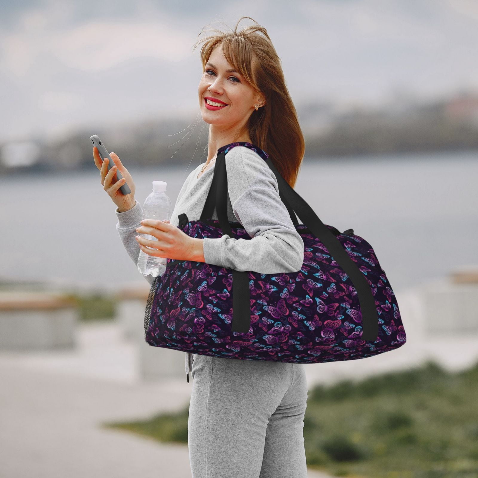 Ratiio Purple Butterfly Pattern Hand Travel Bag, Weekender Carry On for Women Men, Sports Gym Bag, Workout Duffel Bag, Overnight Shoulder Bag fit 15.6 Inch Laptop
