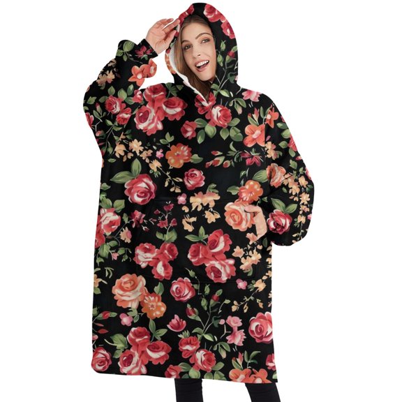 Oversized Wearable Blanket Hoodie,Pioneer Flower Floral Print Pattern Sherpa Blanket Hoodie with Super Pockets,Super Warm Fuzzy Pullover for Women & Men