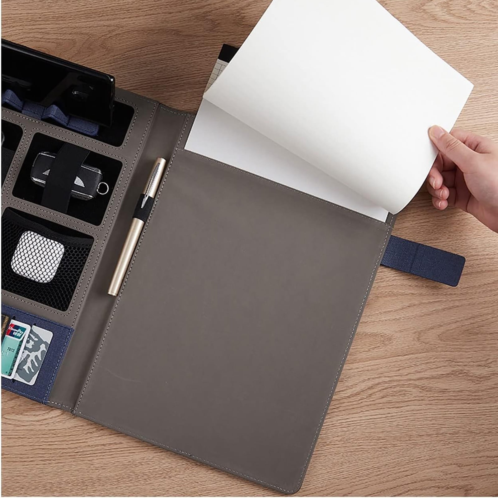 HandyHome Clasp Portfolio Folder, Multifunctional Organizer Including Phone Stand, Multiple Pockets, Pen Holder, Card Slots&Anti-Slip Elastic Band for Office Meetings, Teaching Training