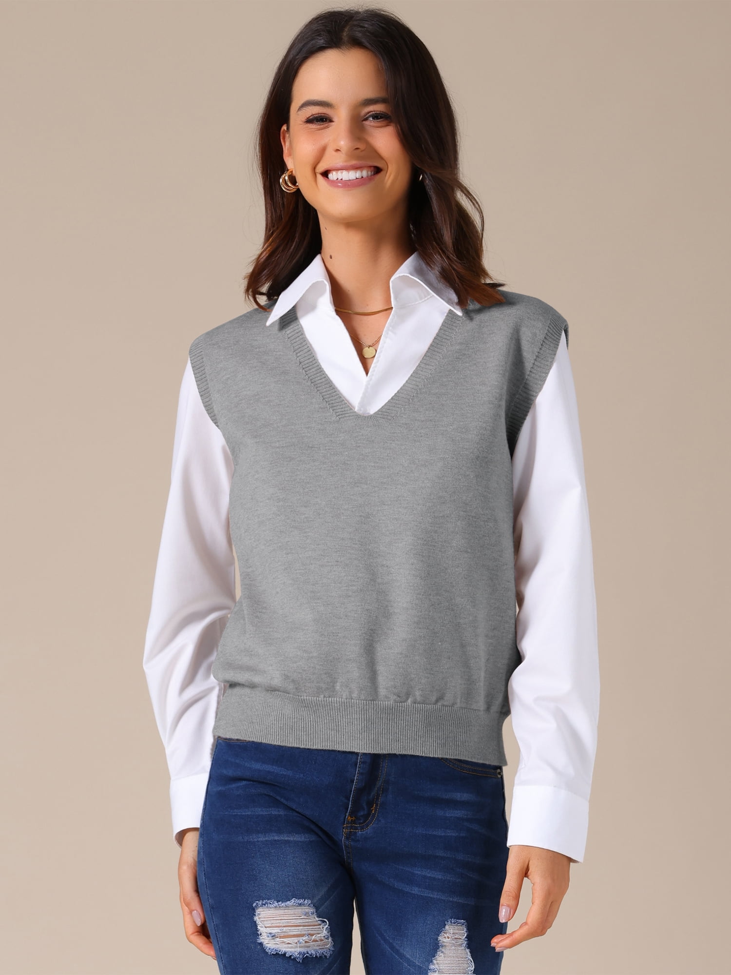 DARING DIVA Women's Uniform V Neck Knit Sleeveless Sweater Tank Tops S Grey