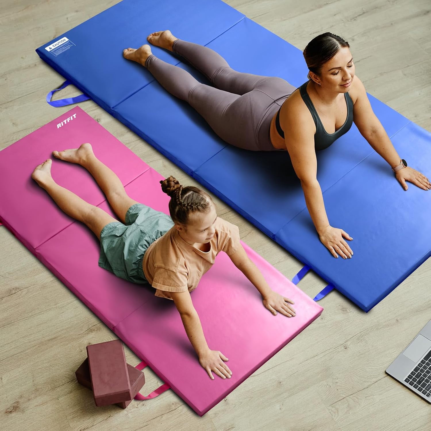 RitFit 3' x 6' Folding Gymnastics Mat with Carrying Handles for Yoga, Stretching, Core Workouts(Pink)