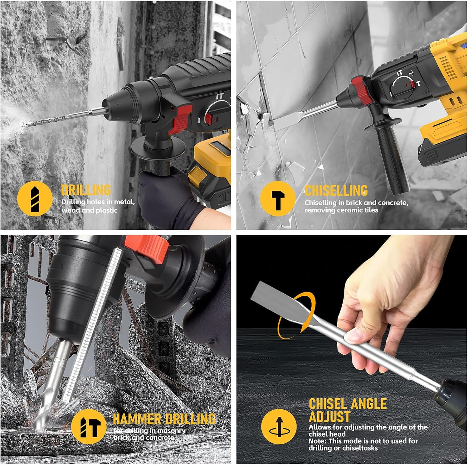 Cordless SDS-Plus Rotary Hammer Drill Compatible with Dewalt 20V MAX Battery, Brushless Motor, 4-Function, Tool Only (No Battery)