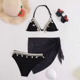 thumbnail image 4 of Pandaie Girls 3 Piece Bikini Set Halter Triangle Top Ribbed Swimsuit Cover Up Skirt Cute Swimwear Teen Backless Beach Bathing Suit 7-8 Years Black, 4 of 7