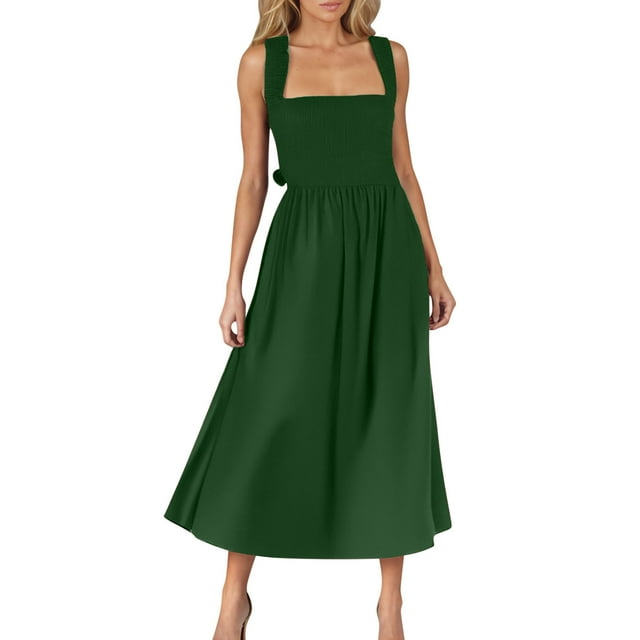 biudgviw Women's Halter Midi Dress Spaghetti Strap Tie Back Backless Ruched Flowy A-Line Dress Sleeveless Summer Dresses