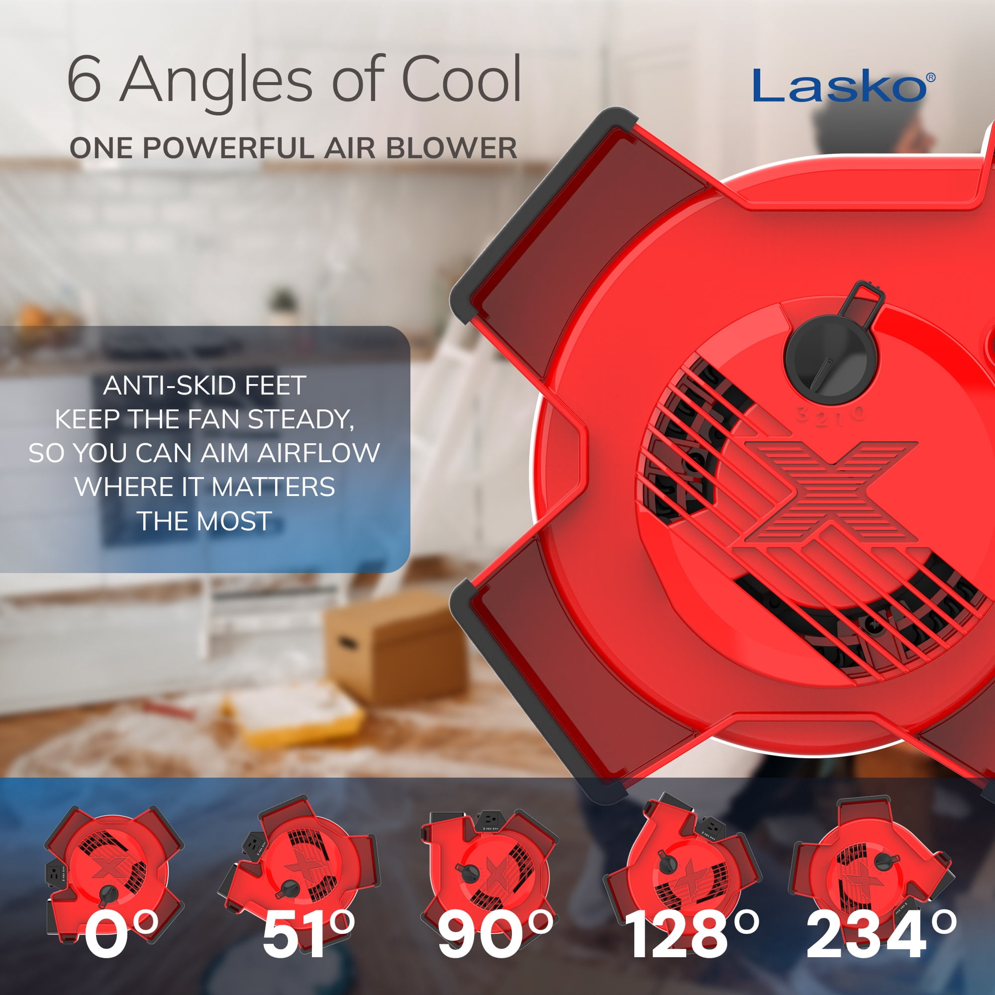 Lasko X-Blower 11" High Velocity Utility Blower Fan with USB Ports and Built-In Outlet for Cooling and Drying, Red, X12900