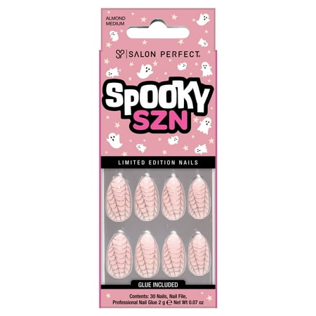 Salon Perfect Halloween Fall Artificial Fake Press On Nails, 395 Glitter Web French, Medium Almond, File, Glue and Prep Pad Included, 30 Nails