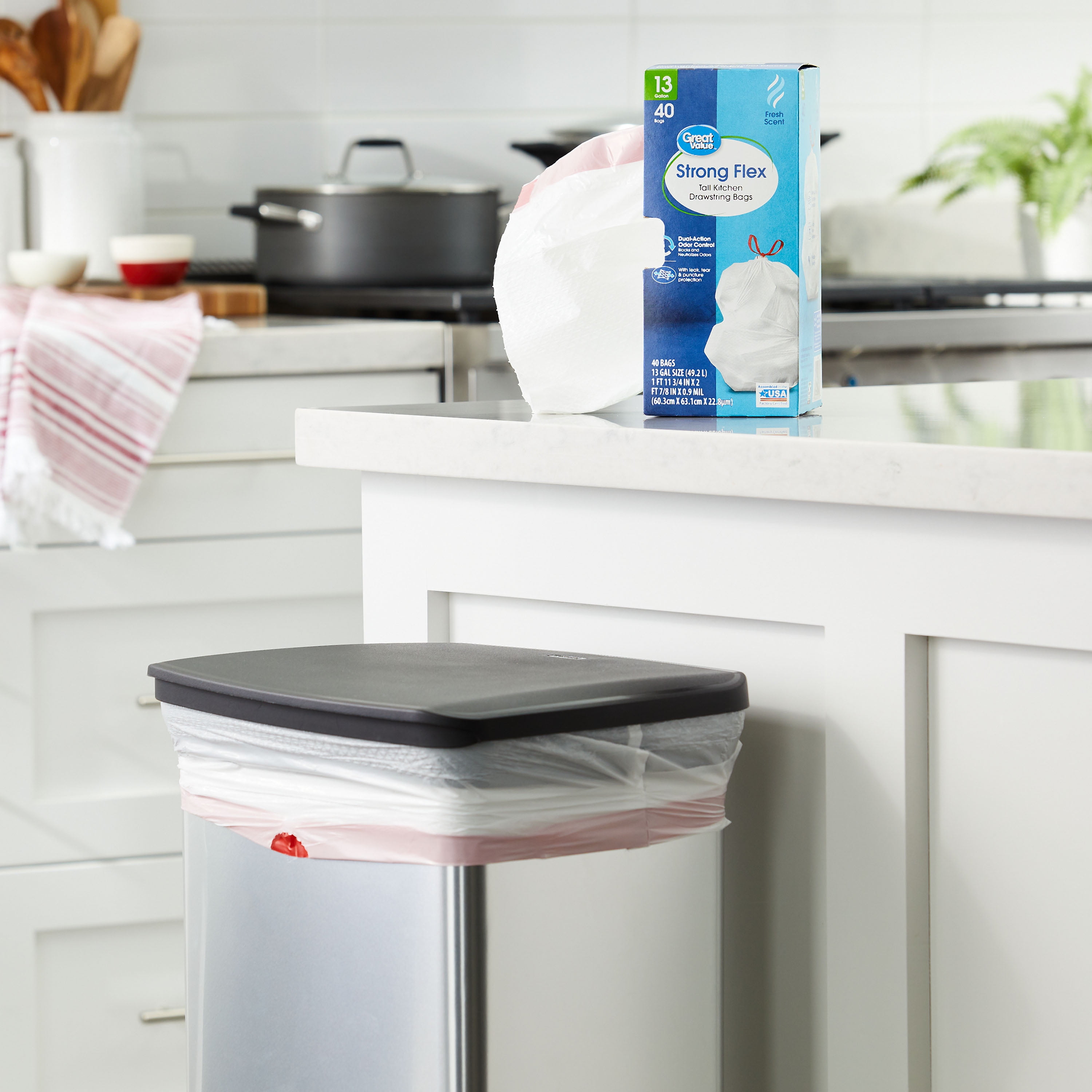 (6 pack) Great Value Strong Flex 13-Gallon Drawstring Tall Kitchen Trash Bags, Fresh Scent, 40 Bags
