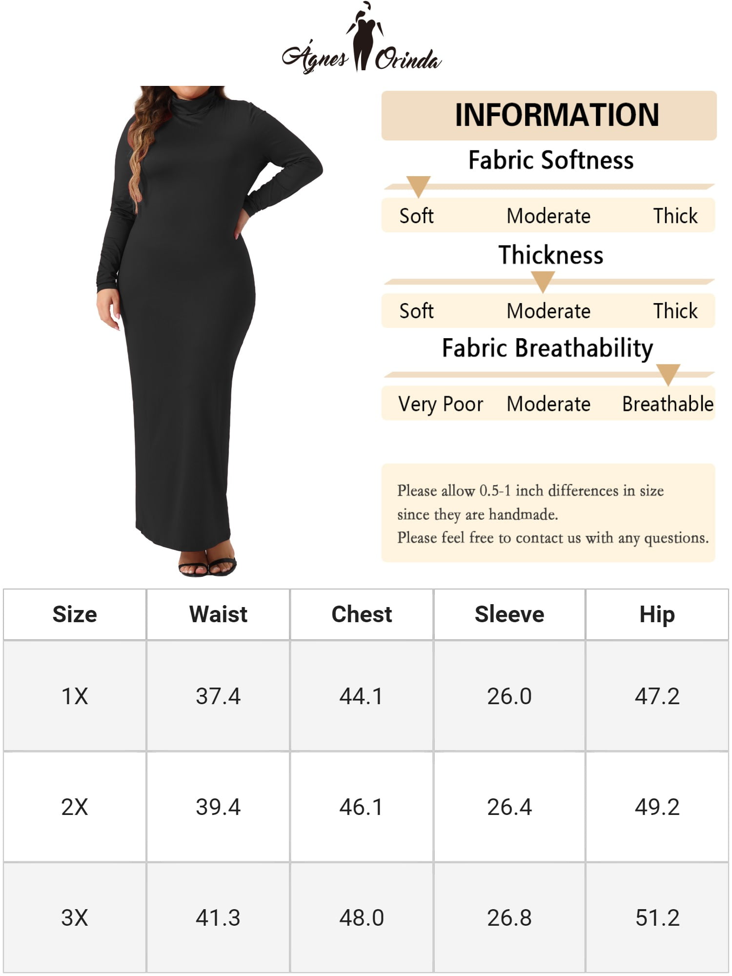 DARING DIVA Plus Size Women's Turtleneck Long Sleeve Bodycon Dress 1X Black