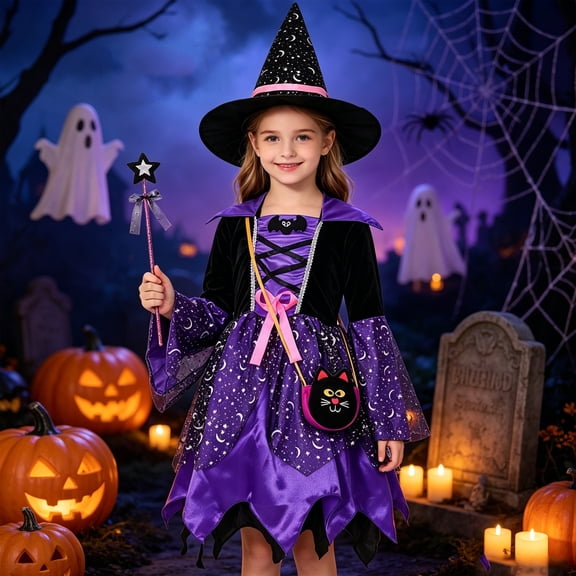 Huowey Little Halloween Witch Dress With Candy Bag Sparking Sequins Dress-Up Party Dresses With Accessories Square Neck Long Sleeve Trick Or Treat Lovely Festival Clothes,Purple,7-9 Years