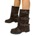 thumbnail image 6 of Aihuaihua Womens Seude Mid Calf Boots Round Toe Vintage Heels Combat Boots Buckle Strap Wide Calf Biker Moto Boots, 6 of 10