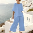 thumbnail image 2 of Cotton Linen Outfits 2 Piece Sets for Women Loose Casual Short Sleeve Top Wide Leg Pants Travel Beach Clothes (XL, Light Blue), 2 of 8