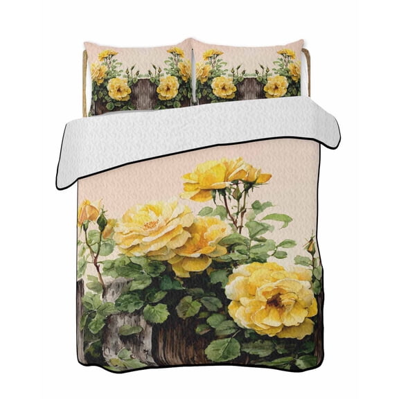 Quilts Twin Size Bedding Set, Spring Floral Lightweight Quilted Comforter, Yellow Roses Flowers Rustic Botanical Pink Soft Reversible Bedspread Coverlet with Pillow Covers for All Season, 68" x 86"