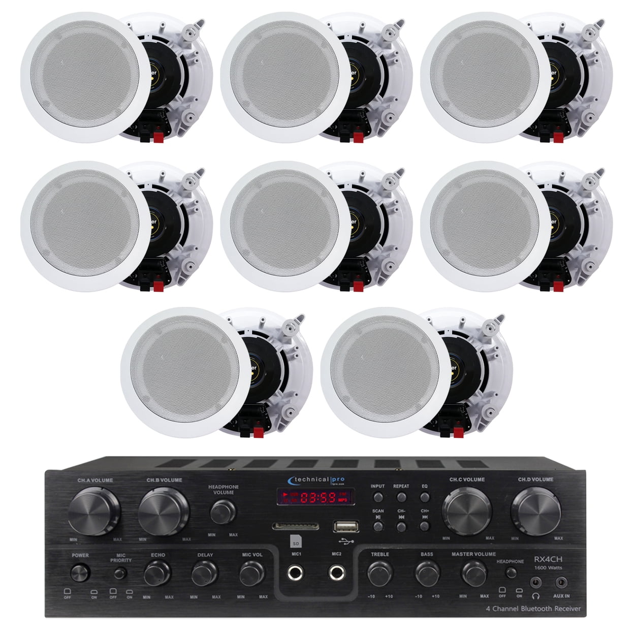 Technical Pro 4 Channel 1000 Watts 8 Speaker Bluetooth Receiver with RCA, USB with 4 Pairs of 5.25� Ceiling Wall Mount
