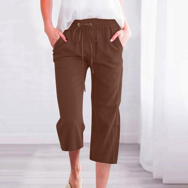 Womens Casual Cotton Linen Pants Summer Capris 2023 Drawstring Elastic  Wasit Cropped Leg Pants Plus Size Wide Leg Lounge Pants(XXXXXL,Brown 01)