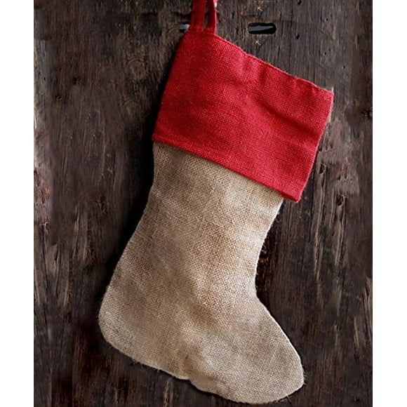 AK-Trading Burlap Jute Holidays Christmas Stockings - Pack of 9 - Natural Jute Stocking with Red Cuff, 8" x 17"H x 12" Foot