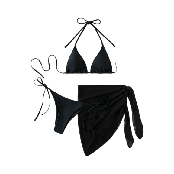 Three Piece Bikini Set with Triangle Halter Top Adjustable Tie Side Bottom and Matching Wrap Skirt for Women Swimwear Beachwear Black L