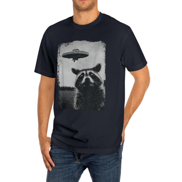Men's Casual Cotton T-Shirt - Short Sleeve, Round Neck with Unique Raccoon & UFO Design - Perfect for Summer Outings & Sports, Casual Sporty Tee, Summer Gifts