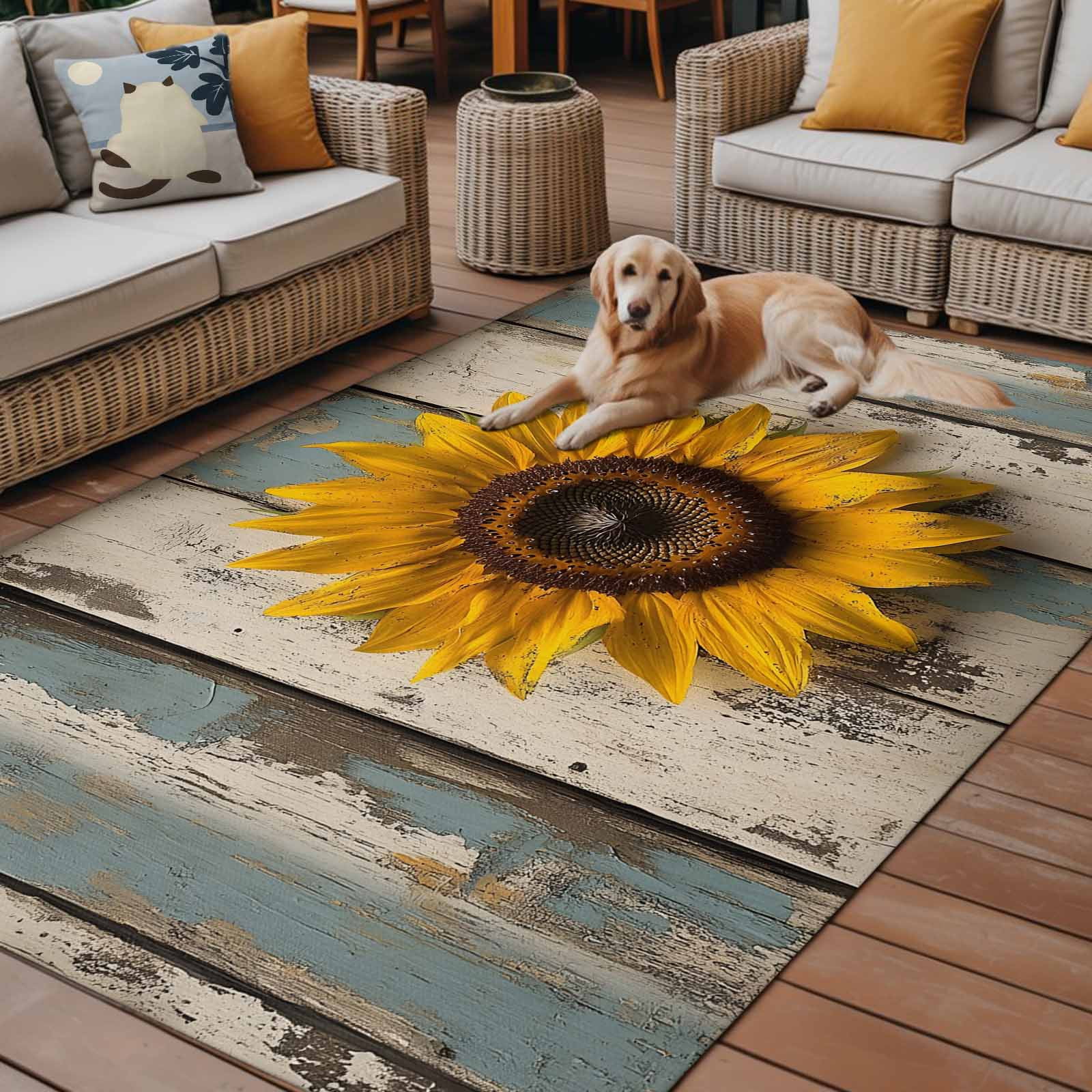Fsddascl Sunflower Outdoor Rug for Patio/Deck/Porch, Non-Slip Large Area Rug 4 x 6 Ft, Yellow Vintage Summer Botanical Wooden Indoor Outdoor Rugs Washable Area Rugs, Reversible Camping Rug Carpet