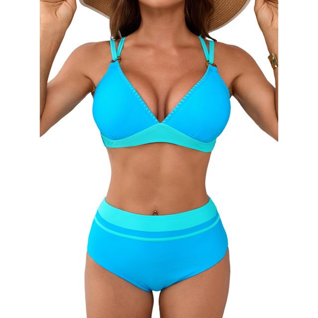 Charmo Women's High Waisted Bikini Sets V Neck Two Piece Swimsuit Color Block Bathing Suits