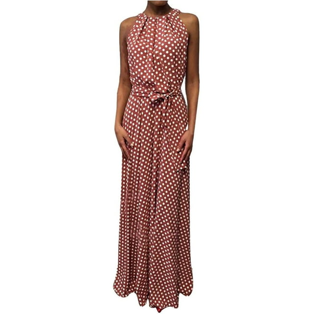 AMERTEER Robe Maxi Sans Manches à Pois pour Femmes, Ceinture, Fête, Banquet