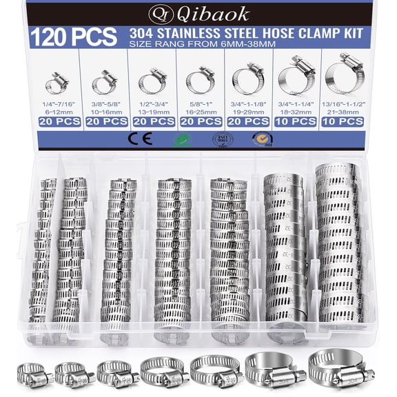 Hose Clamp - 120 PCS Stainless Steel Hose Clamps Assortment Kit 1/4''–1-1/2'' Worm Gear Clamps for Fuel Line, Plumbing, Automotive, Mechanical Applications, Pipe, Tube, Radiator, Garden