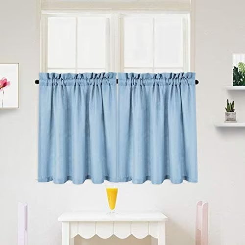 Haperlare Airy Blue Kitchen Curtains 30 inch Length Farmhouse Waffle