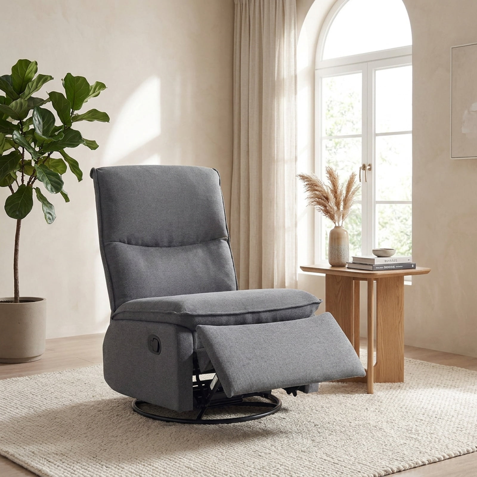 Furnibear 360 Degree Swivel Rocking Recliner Accent Chair with Padded Back Extendable Footrest and Polyester Linen for Living Room and Nursery, Gray
