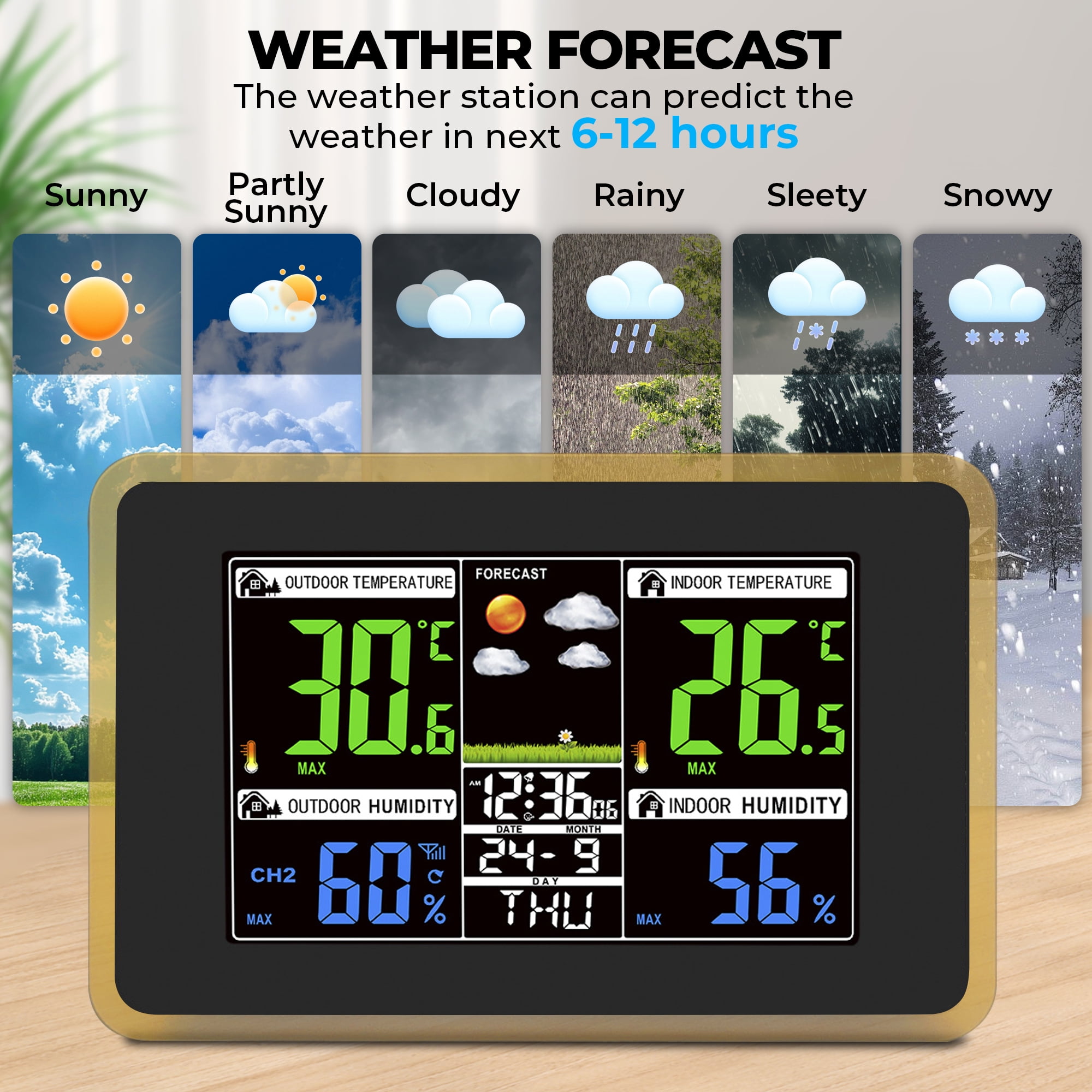 AOLIGO Wireless Weather Station, Color Display with Indoor Outdoor Thermometer, Forecast, Alarm and Calendar, Black