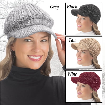 Lurex Cable Knit Beanie Hat with Visor 